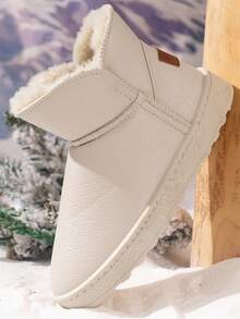 女性保暖荔枝紋pu皮雪地靴,低筒設計,白色時尚款 - 米色 - 查看 5