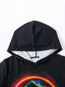 SHEIN Toddler Boys' Casual Loose Fit Hooded Short Sleeve Top With Dinosaur Print - Black - View 4