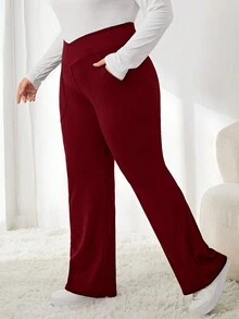 SHEIN LUNE Kích thước lớn Của phụ nữ Màu thuần Vượt qua Eo Quần - Màu Đỏ Sâu - Xem 5