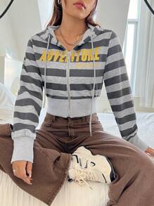 SHEIN EZwear Women's Striped Hoodie With Letter Print And Drawstring - Grey - View 1