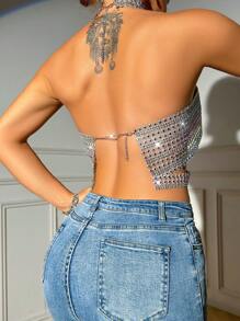 SHEIN SXY Women's Diamond-Studded Halter Neck Top - Multicolor - View 6