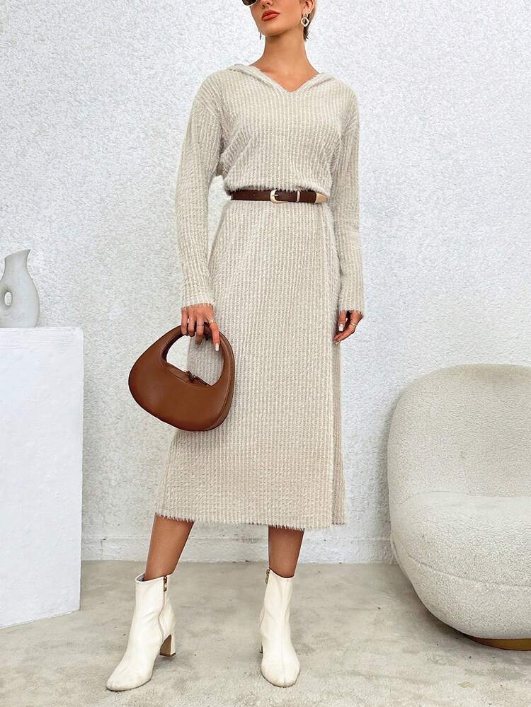 Women's Long Hooded Knitted Textured Dress