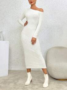 SHEIN Privé 女士不對稱肩一字領連身裙 - 杏色 - 查看 1