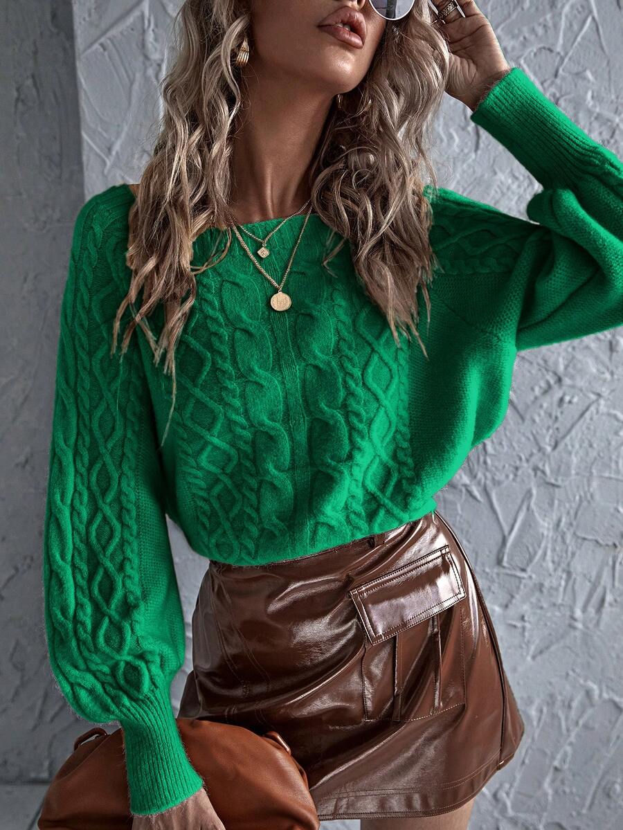 SHEIN LUNE Women'S Solid Color Cable Knitted Loose Casual Sweater - Green - View 1