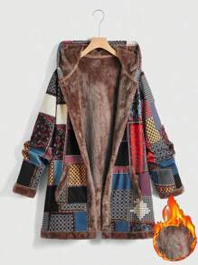 SHEIN LUNE Chaqueta Con Capucha De Forro Polar Con Estampado Empalmado Para Mujer - Multicolor - Ver 1