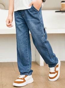 Mirajuku 兒童中大童休閒學院風日常淺色洗水全彈力腰部扁口袋寬鬆牛仔褲