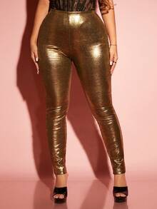 SHEIN SXY 女用塗層天鵝絨長款高腰保暖緊身褲 - 金色 - 查看 4