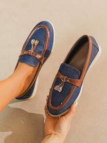 Women's Flat Bottom Flats With Low Vamp, Suitable For Fall And Winter, Work And Casual Wear, Leather Upper, Soft And Comfortable Bottom, Loafers In Large Size 41-43 - Blue - View 4