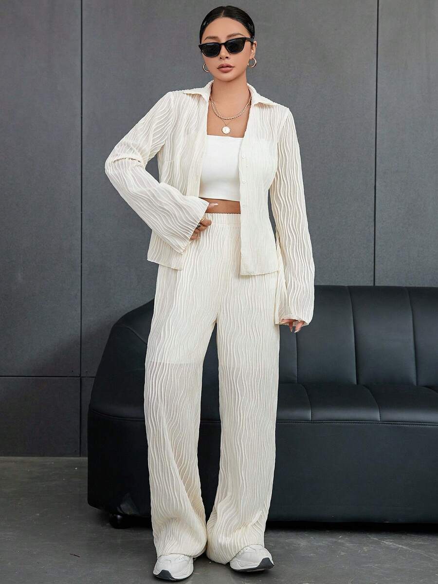 SHEIN Essnce Women's Texture Fabric Two-piece Set - Beige - View 1