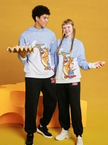 TOM & JERRY X SHEIN Unisex Cartoon Printed Hooded Sweatshirt And Pants Set - Blue - View 1
