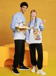 TOM & JERRY X SHEIN Unisex Cartoon Printed Hooded Sweatshirt And Pants Set - Blue - View 3