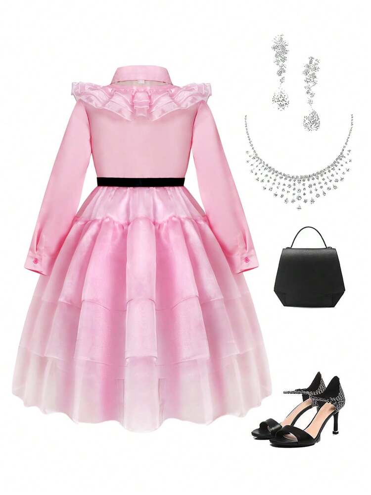 Tween Girl Vintage Stylish Mesh Contrast A-Line Dress With Ruffled Trim For Autumn