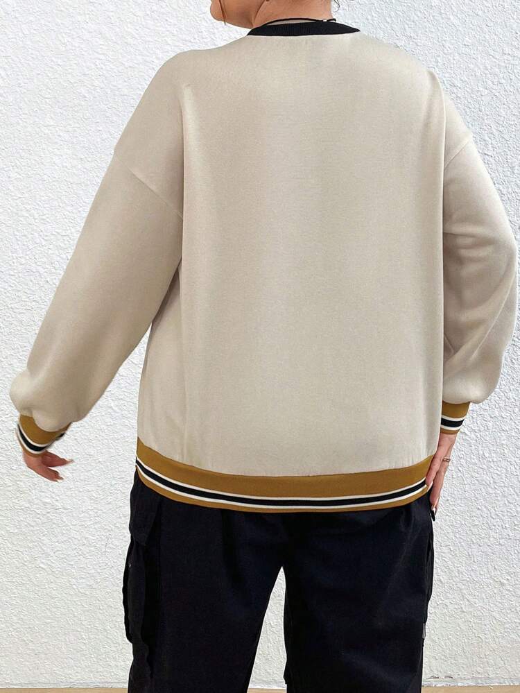 Women's Plus Size Alphabet Printed Striped Trim Sweatshirt Pullover Fall Sweatshirt