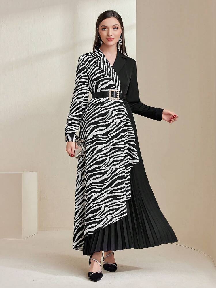Zebra Pattern Colorblock Pleated Long Dress