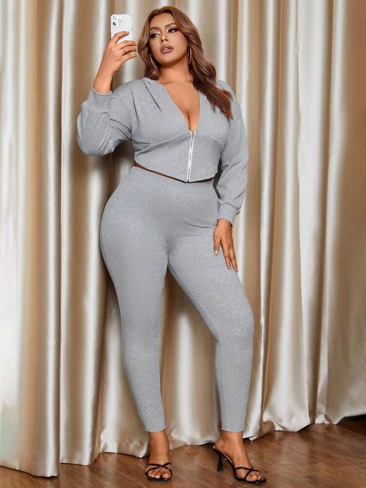 Plus Size Women's Asymmetrical Hem Deep V-Neck Sweatshirt And Leggings Set