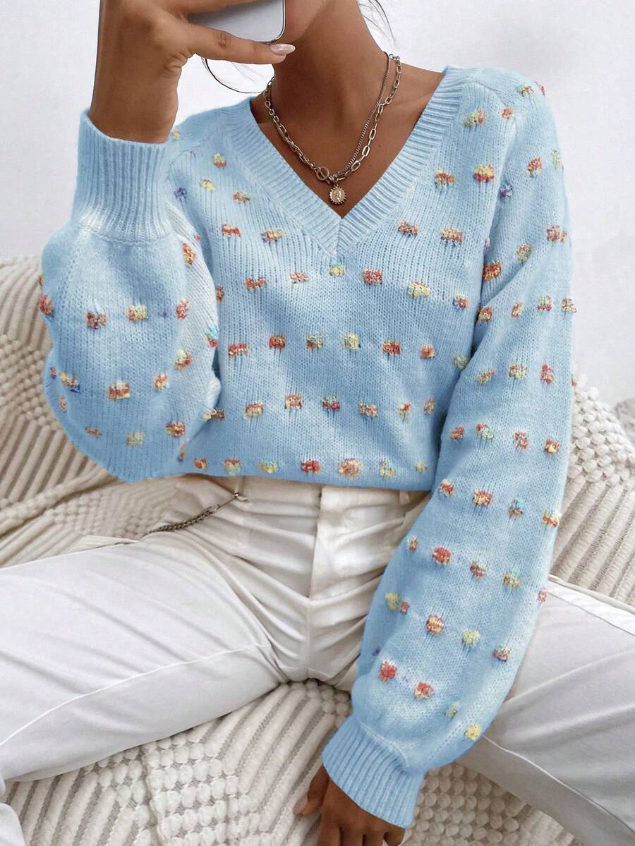 SHEIN Essnce 女士燈籠袖v領套頭毛衣 - 藍色 - 查看 1