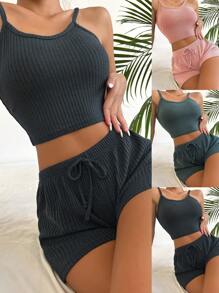 3pcs/set Solid Color Camisole Casual Outfit - Multicolor - View 1