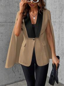 SHEIN Privé Của phụ nữ Tương phản Màu sắc Khăn quàng Áo choàng Tay áo Áo vest - Màu Khaki - Xem 3