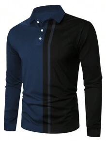 Manfinity Homme 男士条纹印花 Polo 衫、男士双色 Polo 衫、男士拼色 Polo 衫、男士蓝黑 Polo 衫 - 藏蓝色 - 查看 3