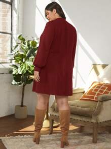 SHEIN Clasi Plus Size Lantern Sleeve Solid Color Dress Without Belt - Red - View 2