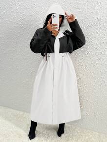 Slaydiva Của phụ nữ Kích thước lớn Khối màu áo có mũ Áo khoác Trench Với Mặt trước Dây kéo Và Eo dây rút - Đen và trắng - Xem 4