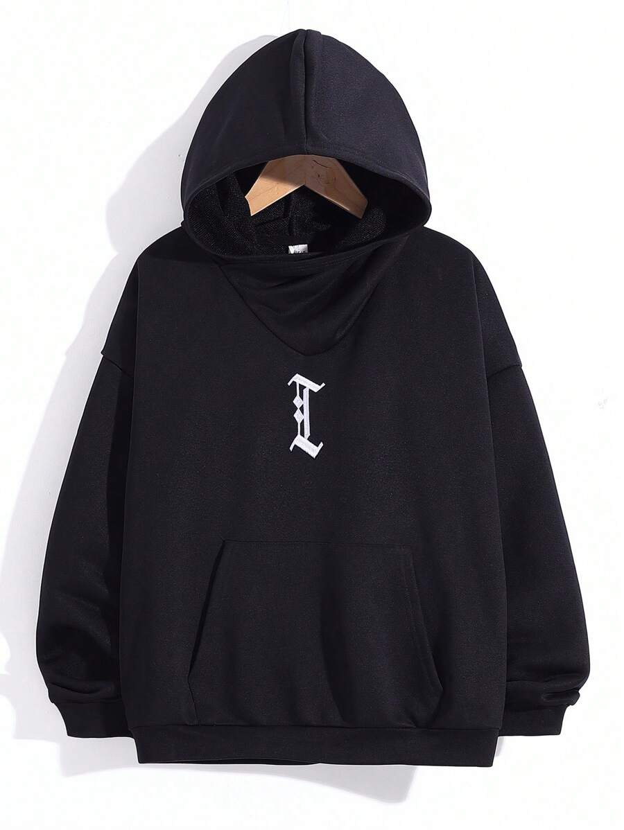 SHEIN 男孩休閒寬鬆適合連帽套頭衫帶圖案圖案 - 黑色 - 查看 1