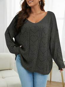 SHEIN LUNE Plus Size Hollow Out Heart Knitted Pullover Sweater - Dark Grey - View 1