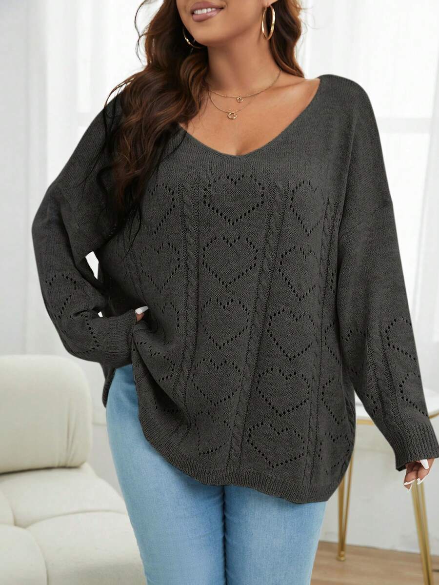 SHEIN LUNE Plus Size Hollow Out Heart Knitted Pullover Sweater - Dark Grey - View 1