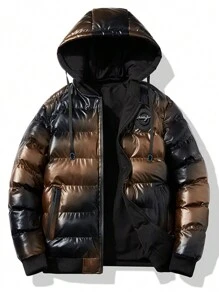 Manfinity Hypemode 男士拉链抽绳连帽超大加厚外套，外出黑色休闲绗缝冬季外套，适合朋友、丈夫、男朋友的礼物 - 黑色 - 查看 7