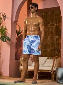 Manfinity 男士藍色海灘泳褲,有繩頭腰圍設計