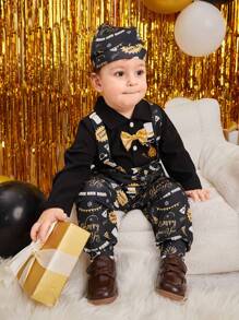 Baby Boys' Shirt Jumpsuit And Overalls Set, Perfect For Parties And Celebrations, Autumn And Winter - Black - View 5