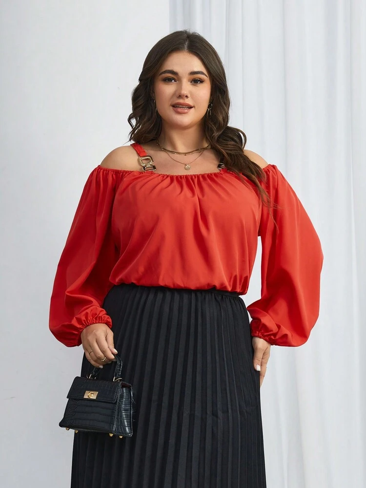 Plus Size Elegant Off-Shoulder Red Camisole Blouse
