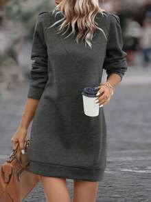 EMERY ROSE Màu thuần Lông cừu Đầm nỉ - Màu xám đen - Xem 6