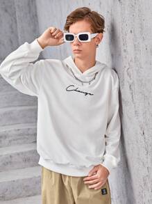 SHEIN 青少年男孩休闲百搭英式图案连帽运动衫和拼色紧身裤套装 - 卡其色 - 查看 8