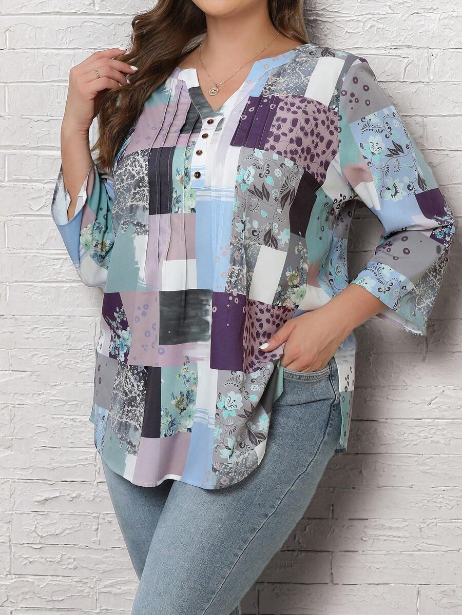 EMERY ROSE Camisa De Talla Grande Con Cuello Con Muesca Estampado Y Parcheado - Multicolor - Ver 1