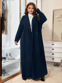 Celure Double-breasted Solid Color Long Coat - Navy Blue - View 4