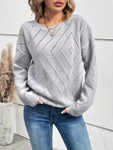 SHEIN LUNE Ladies' Hollow Out Knit Drop Shoulder Sweater - Grey - View 4
