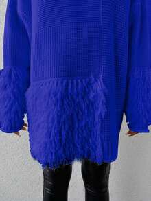 EURMUSE Women's Solid Color Round Neck Shaggy Knit Sweater Without Waist Belt - Royal Blue - View 6