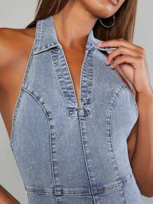 Denimoi Halter Backless Flare Leg Denim Jumpsuit - Blue - View 5