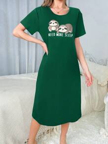 Cartoon Sloth Printed Sleep Dress Pajama Dress - Green - View 6