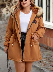 SHEIN LUNE Plus 字母貼片抽繩腰部毛絨飾邊連帽派克大衣保暖 - 彩色 - 查看 4