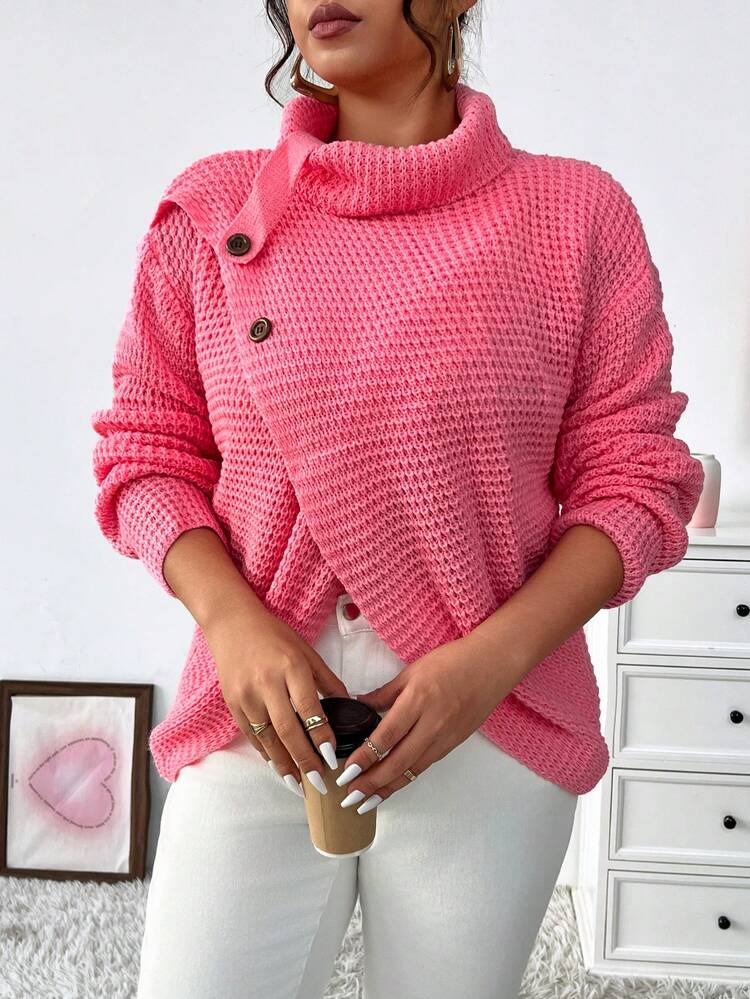 Plus Size High Neck Drop Shoulder Button Detail Sweater Pullover Knit Pullover Fall Winter Sweater