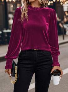 SHEIN Clasi Màu thuần Ren cổ áo Áo sơ mi - Màu Hồng Tươi - Xem 5