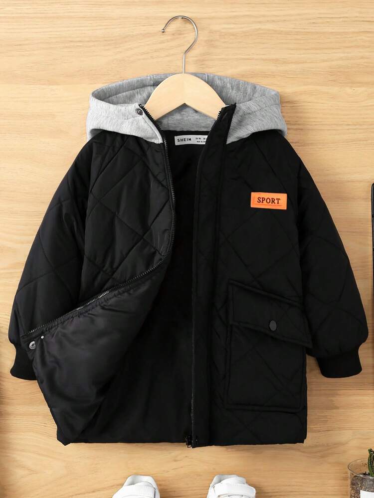 Young Boy Letter Patched Detail Hooded Quilted Coat
