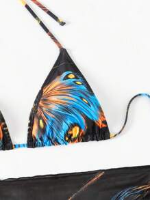 SHEIN Swim Bộ bikini hở lưng hình tam giác in họa tiết mùa hè kèm chân váy đi biển - Nhiều màu - Xem 5