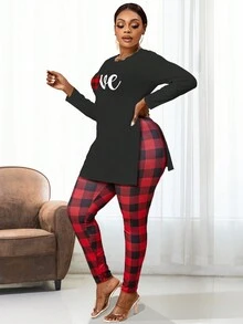 Maweii 大碼英文字母印花開叉擺t恤和格紋打底褲套裝 - 黑色 - 查看 4