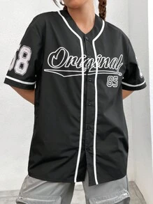 SHEIN Coolane 拼色卷边字母印花女式衬衫 - 黑色 - 查看 5