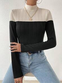 Chiquease Của phụ nữ Tương phản Màu sắc Đứng cổ áo Áo thun - màu đen - Xem 5