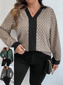 SHEIN Clasi 大碼滿版印花拼接邊襯衫 - 杏色 - 查看 1