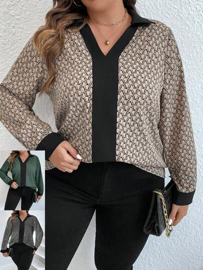 SHEIN Clasi Plus Allover Print Contrast Trim Blouse